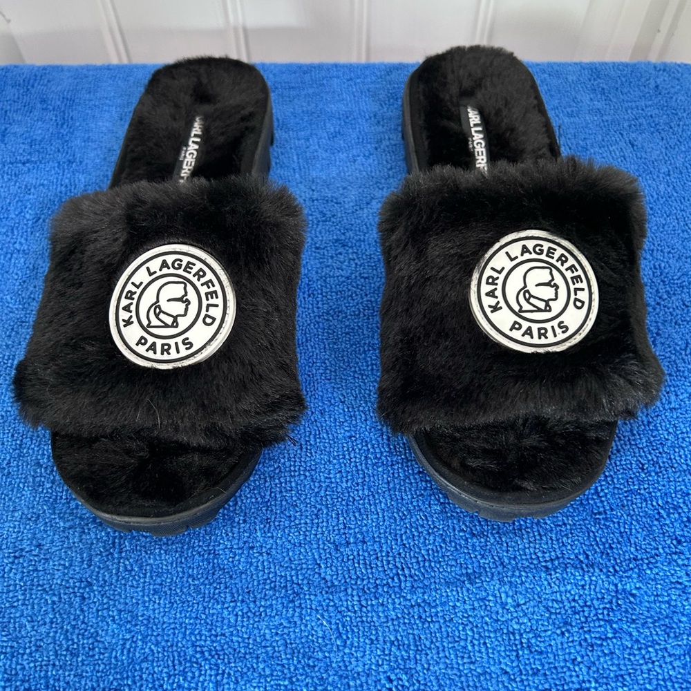 Karl Lagerfeld Black Fur Slides